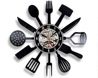 Kitchen Tools Vinyl Record Clock Unique Wall Art Decor for Home Housewarming Gift for Mother