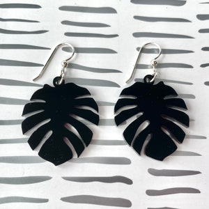 Medium Sized Black Acrylic Monstera Earrings, Monstera Earrings, Modern Earrings, Lightweight Earrings, Plant Lover Earrings, Laser Cut