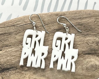 Girl Power White Acrylic Earrings, GRL PWR Earrings