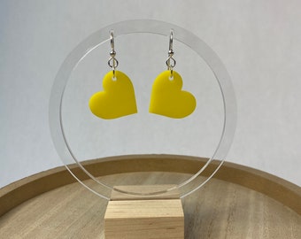 Yellow Heart Acrylic Earrings, Yellow Heart Earrings, Acrylic Earrings, Sterling Silver, Yellow Hearts, Lightweight Earrings, Handmade