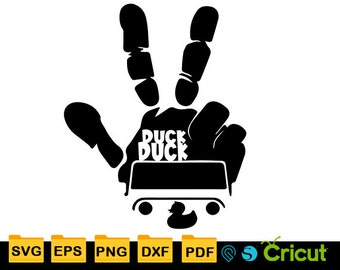 May include: Black silhouette of a hand with the words "Duck Duck" inside the palm. The hand is making a peace sign with the index and middle fingers extended. The silhouette is in front of a black and white image of a jeep.
