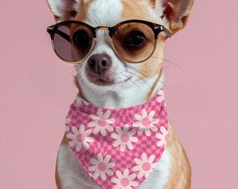 Personalized Checkered Floral Dog Bandana: Custom Pet Name Scarf