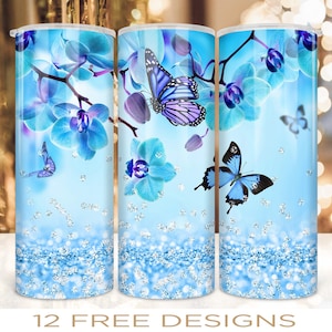 20 oz Skinny Tumbler Wrap Blue Glitter Butterfly Floral Design PNG Digital Download