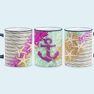 11 oz Mug Wrap Nautical Beach Pink Glitter Design Sublimation Seamless PNG Digital Download