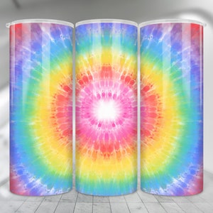 May include: Three stainless steel tumblers with a colorful tie-dye pattern. The pattern features a swirling design of blue, purple, pink, orange, yellow, and green.