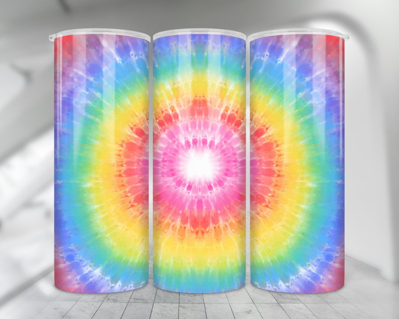 May include: Three stainless steel tumblers with a colorful tie-dye pattern. The pattern features a swirling design of blue, purple, pink, orange, yellow, and green.