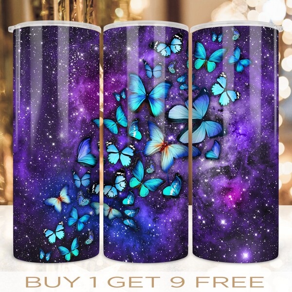 20 oz Skinny Tumbler Wrap Butterfly Glitter Milky Way Galaxy Design Straight and Warped Seamless Design PNG Digital Download