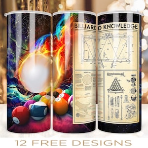 May include: A set of three colorful tumblers with a billiard theme. One tumbler features a colorful abstract design with billiard balls, another has a vintage illustration of a billiard table, and the third has a colorful abstract design with a white billiard ball.