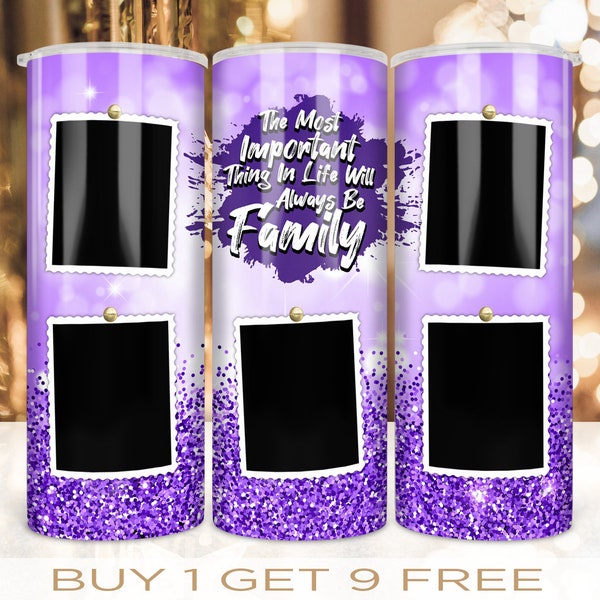 20 oz Skinny Custom Photo Frame Tumbler Family Purple Glitter Design Wrap Sublimation Straight and Warped Seamless PNG Digital Download