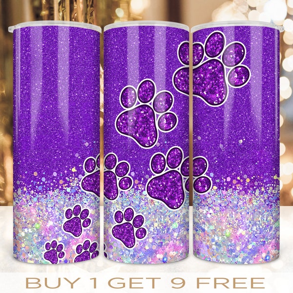 20 oz Skinny Tumbler Wrap Dog Paw Purple Glitter Sequin Design Sublimation Straight and Warped Seamless Design PNG Digital Download