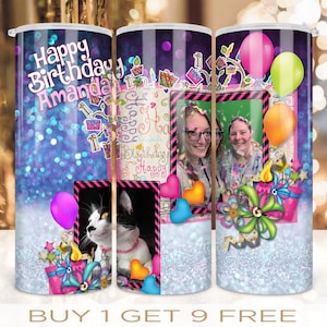 Skinny Photo Frame Tumbler Wrap Happy Birthday Glitter Design Sublimation Gerade und verzogenes Nahtloses Design PNG Digital Download