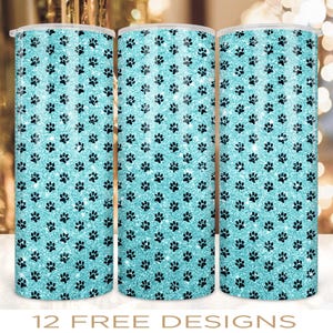 20 oz Skinny Tumbler Wrap Dog Paw Blue Glitter Design Sublimation PNG Digital Download