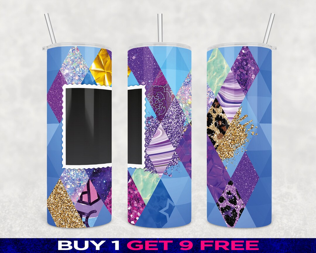 20oz Skinny Photo Frame Tumbler Wrap Abstract Patchwork Blue Etsy