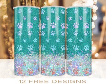20 oz Skinny Paw Tumbler Wrap Cyan Glitter Design Sublimation PNG Digital Download