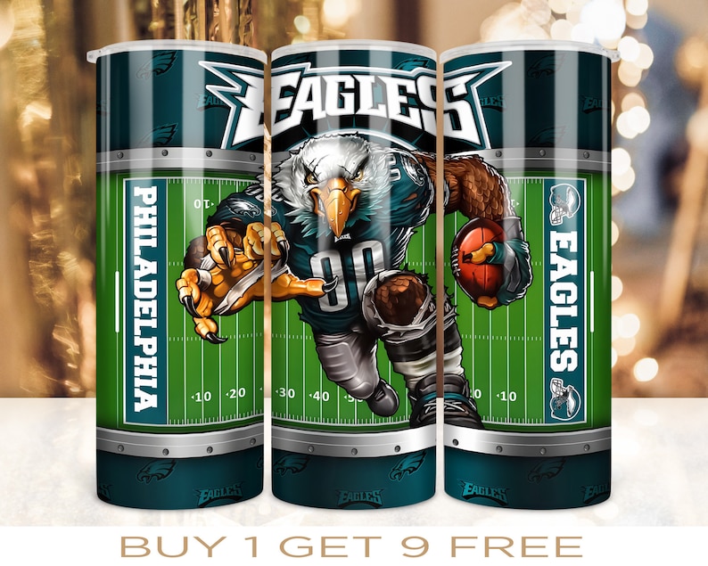 May include: Three stainless steel tumblers with a green and white football field design. The tumblers feature a cartoon image of a football player wearing a green and white uniform with the words "EAGLES" and "PHILADELPHIA" on the side.