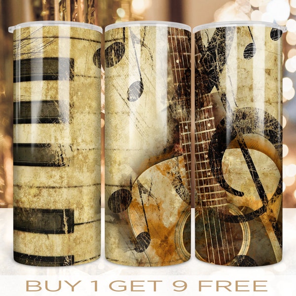 20 oz Skinny Tumbler Wrap Music Piano Guitar Note Vintage Design Straight and Warped Seamless Design Digital Download