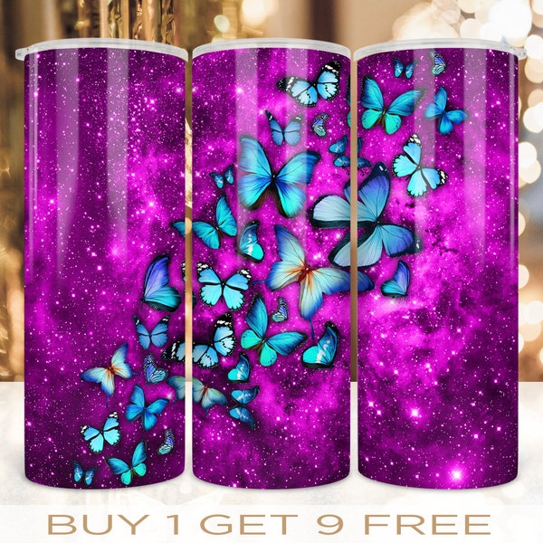 20 oz Skinny Tumbler Wrap Butterfly Glitter Milky Way Galaxy Design Straight and Warped Seamless Design PNG Digital Download