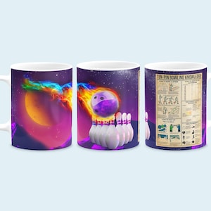 May include: White ceramic mug featuring a bowling theme. The design includes a purple bowling ball on fire, bowling pins, and a celestial background. The mug also has a diagram with bowling instructions.