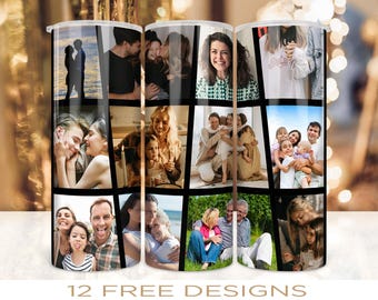 May include: Twelve different designs for a stainless steel tumbler with a collage of family photos. The photos include couples, families, and children.
