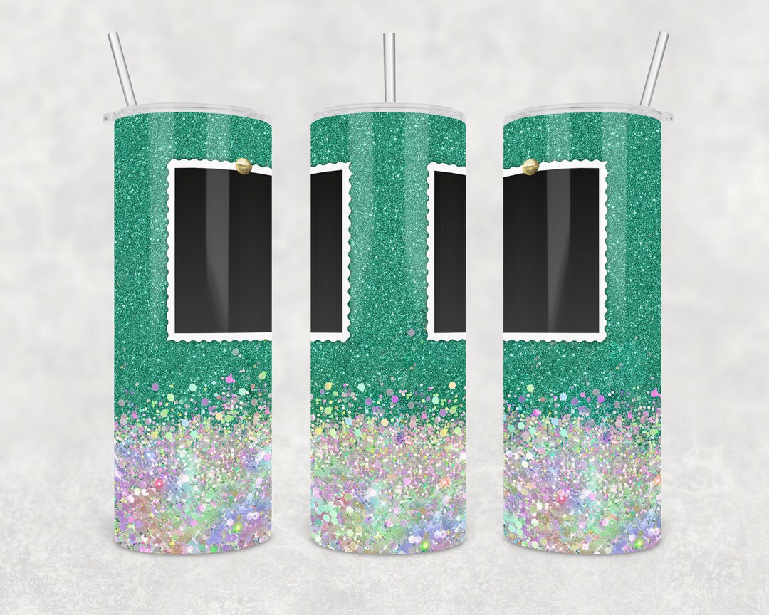 20 Oz Skinny Photo Frame Tumbler Wrap Glitter Cyan Design Etsy