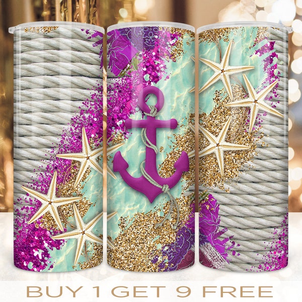 20 Unzen Skinny Bundle Tumbler Wrap Nautische Strand Pink Glitter Pailletten Sailor Design Sublimation Gerade, verzogen Nahtlose PNG Digitaler Download