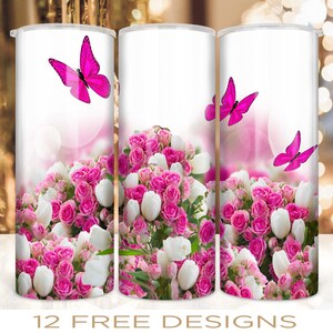 20 oz Skinny Floral Tumbler Wrap Butterfly Design PNG Digital Download