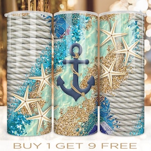 20 oz Skinny Tumbler Wrap Blue Glitter Nautical Beach Anchor Design Sublimation  Straight and Warped Seamless Design PNG Digital Download
