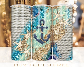 20 oz Skinny Tumbler Wrap Blue Glitter Nautical Beach Anchor Design Sublimación Diseño recto y deformado sin costuras PNG Descarga digital