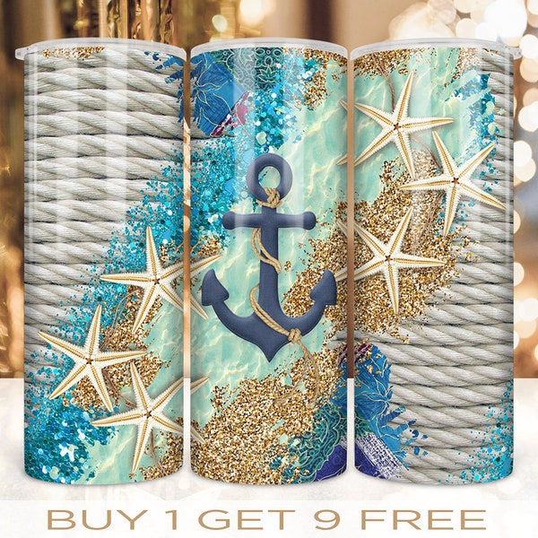 20 Unzen Skinny Tumbler Wrap Blau Glitter Nautical Beach Anchor Design Sublimation Gerade und verzogenes Nahtloses Design PNG Digitaler Download