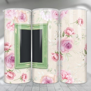 May include: Three 20 ounce stainless steel tumblers with a floral design. The tumblers have a green frame with a black chalkboard inside. The flowers are pink and white.