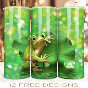 20 oz Skinny Tumbler Wrap Cute Frog Green Animal Design PNG Digital Download