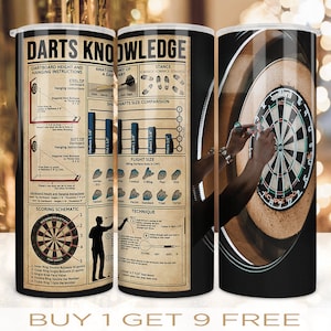 May include: A black and white illustrated guide to darts with a diagram of a dartboard, a dart, and a player throwing a dart. The guide includes information on dartboard height and hanging instructions, anatomy of a dart, shaft size comparison, flight size, scoring schematic, and technique. The text "DARTS KNOWLEDGE" is at the top of the guide.