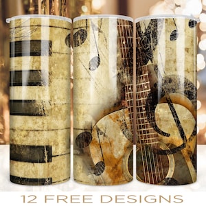 20 oz Skinny Vintage Tumbler Wrap Music Piano Guitar Note Design PNG Digital Download