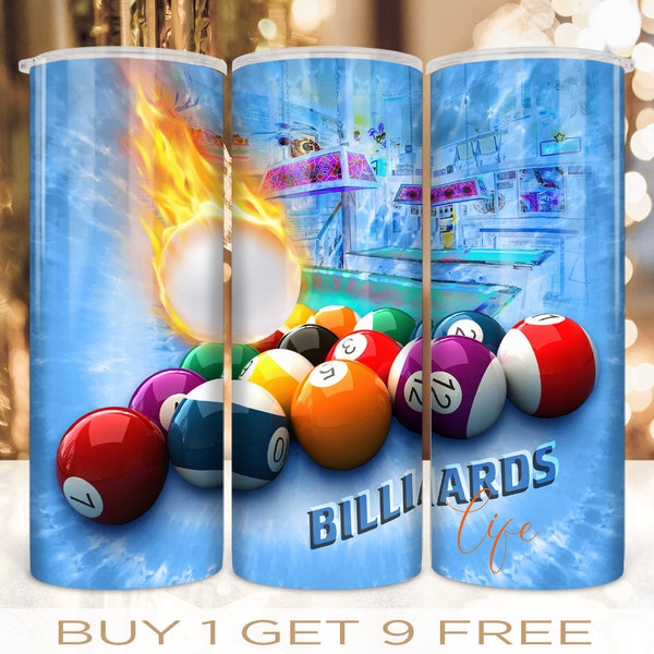 20 oz Skinny Custom Tumbler Wrap Billiards Life Design Sublimation Straight and Warped Seamless Design PNG Digital Download