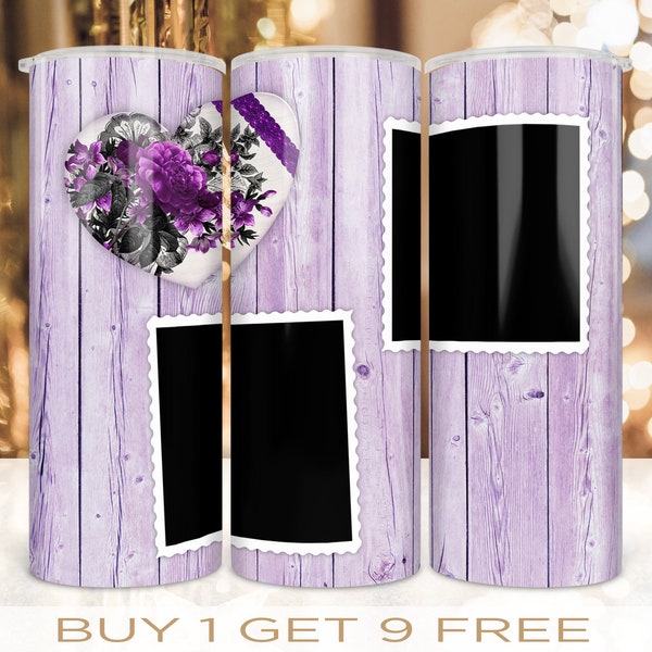 20 oz Skinny Photo Frame Tumbler Wrap Love Faux Wood Purple Design Straight and Warped Seamless Design PNG Digital Download