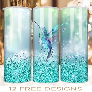 20 oz Skinny Tumbler Wrap Diseño Cyan Glitter Colibrí y flores Sublimación recta y deformada Descarga digital PNG sin costuras