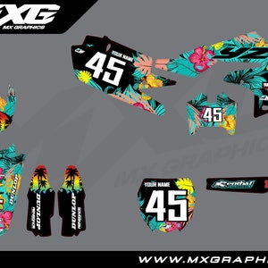 May include: A set of motocross graphics featuring a tropical floral design with palm trees, hibiscus flowers, and a turquoise background. The graphics include a number plate, front fender, rear fender, side panels, and swingarm. The graphics are designed for a Yamaha motorcycle and include the text "MXG" and "Dunlop".