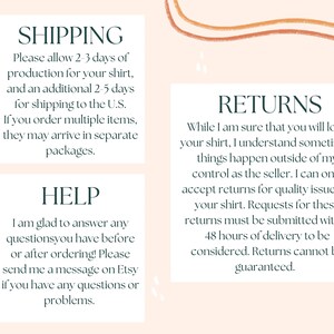 Pode incluir: Um gr&aacute;fico com texto que descreve as informa&ccedil;&otilde;es de envio, devolu&ccedil;&otilde;es e ajuda para uma loja Etsy. O texto est&aacute; em verde escuro sobre um fundo rosa claro com linhas onduladas marrons e laranja.