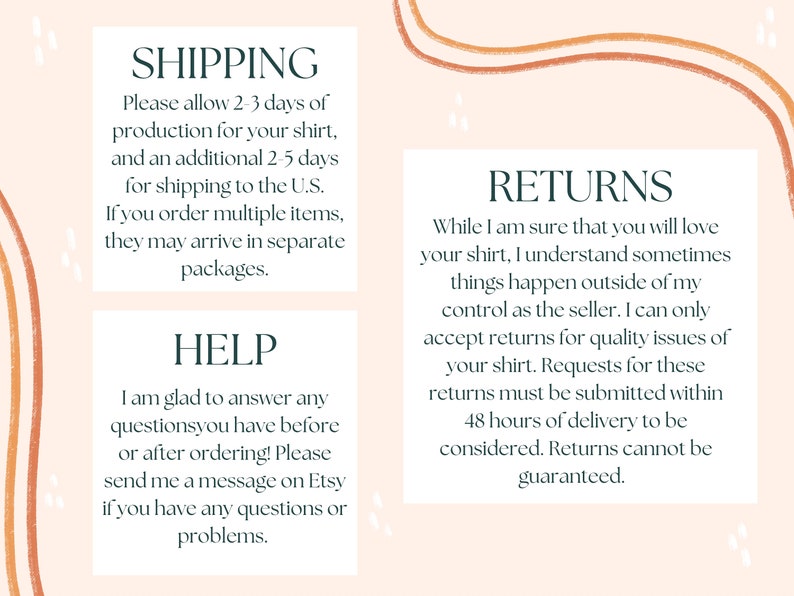 Pode incluir: Um gr&aacute;fico com texto que descreve as informa&ccedil;&otilde;es de envio, devolu&ccedil;&otilde;es e ajuda para uma loja Etsy. O texto est&aacute; em verde escuro sobre um fundo rosa claro com linhas onduladas marrons e laranja.