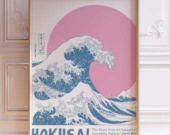Hokusai wave art printable, japanese digital art, aesthetic home decor, pink posters, Retro wall art, 90s art prints, japan wall art, artsy