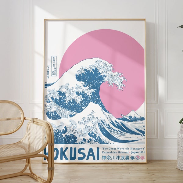 Arte de olas Hokusai imprimible, arte digital japonés, decoración estética del hogar, carteles rosas, arte de pared retro, impresiones de arte de los años 90, arte de pared de Japón, artístico