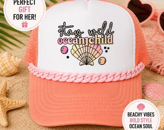 Stay Wild Ocean-vrachtwagenpet voor kinderen | Pastelkleurige strandpet, schelpkettingdetail