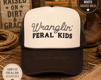 Wranglin' Feral Kids Trucker Hat | Western Mom Baseball Cap, Cream Brown Snapback