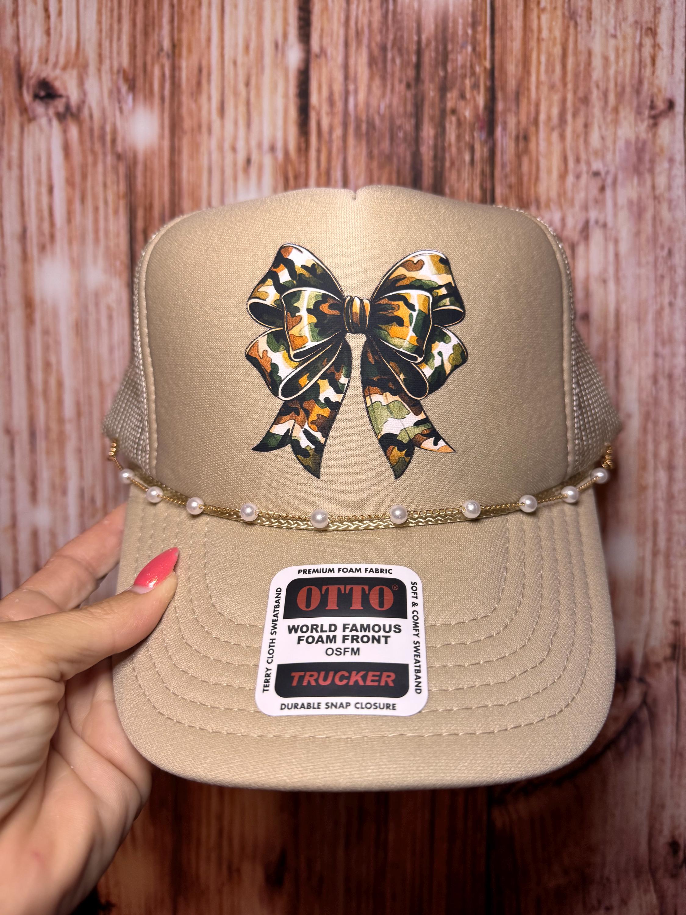Camo Bow Trucker Hat: Otto Hat With Gold Pearl Chain - Etsy  display picture 2