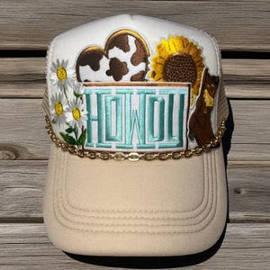 Howdy Trucker Hat: Sunflower Daisy Cow Print - Western Style
