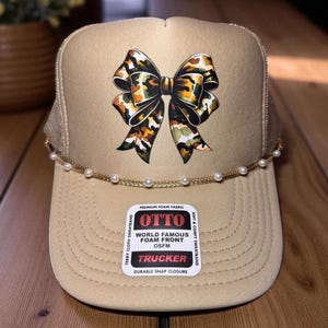 Camo Bow Trucker Hat: Otto Hat with Gold Pearl Chain