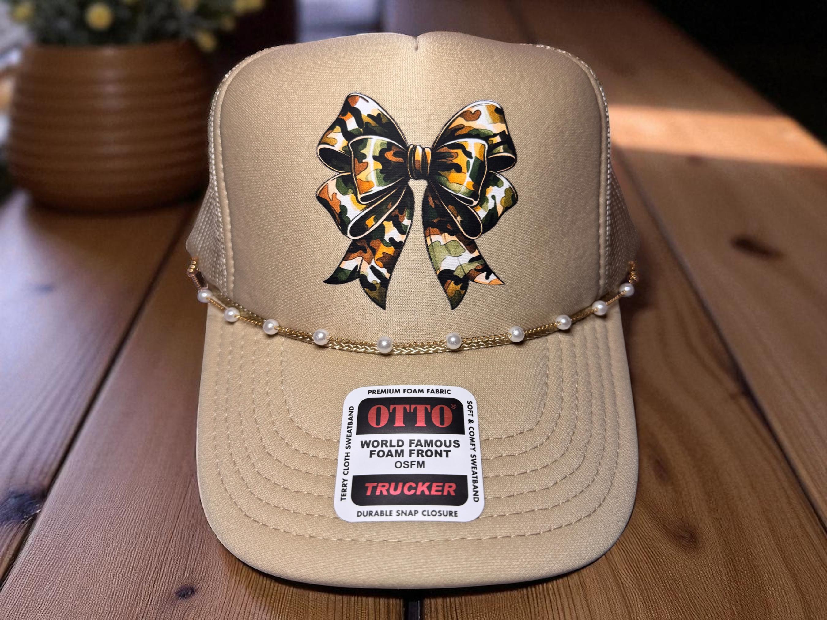 Camo Bow Trucker Hat: Otto Hat With Gold Pearl Chain - Etsy 