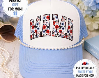 Floral Mama Trucker Hat | Baseball Mom, Pearl Detail, Americana Style