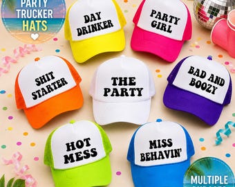 Funny Girls Trip Trucker Hats | Bachelorette Party Hat Set | Neon Foam Mesh Caps for Women | Matching Party Hats | Girls Weekend Accessories