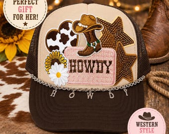 Howdy Western Trucker Hat | Cowgirl Boots, Stars, Floral Accents, Charm Chain